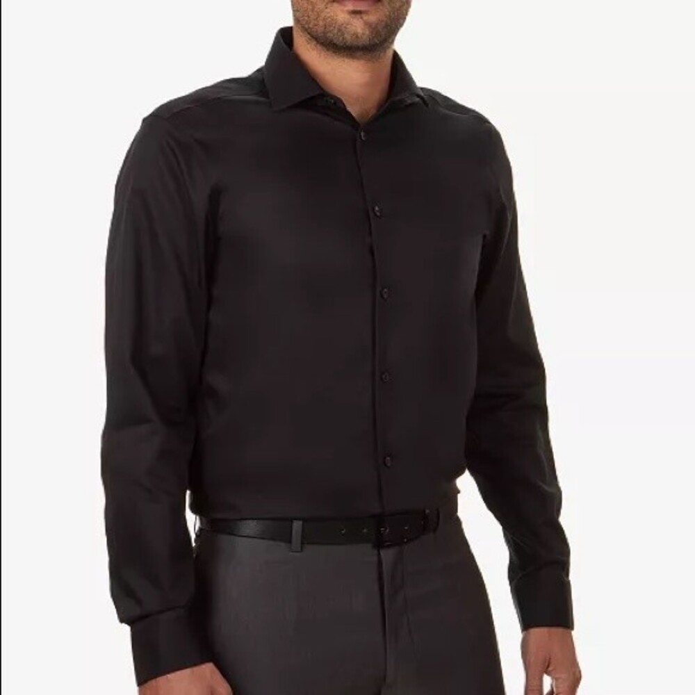 Calvin Klein Men's Slim Fit Non Iron Point Collar Dress Shirt Black Size L